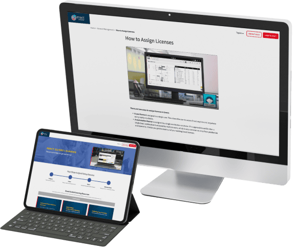 Desktop monitor and tablet side by side displaying the Enact Guided Learning Center. The desktop screen shows a tutorial titled 'How to Assign Licenses' with an embedded instructional video. The tablet screen displays the Guided Learning Center homepage with a navigation menu for training resources and video tutorials.