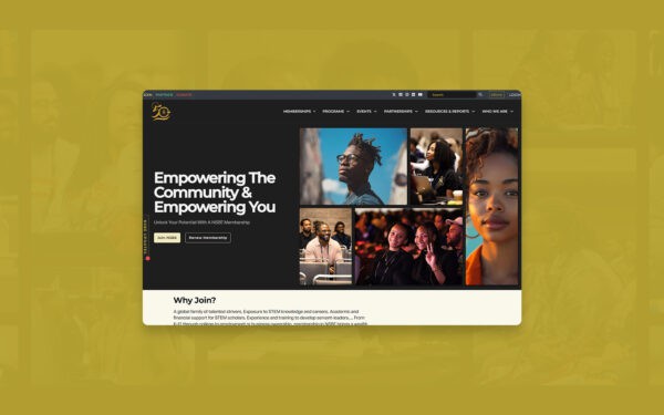 Full NSBE homepage browser mockup overlaid on a semi-transparent yellow background of community photos. Combines user interface elements with a soft-focus collage, blending design and mission visually.