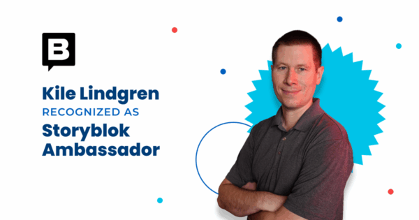 Promotional graphic announcing Kile Lindgren’s recognition as a Storyblok Ambassador, featuring his portrait on a white background with colorful dots and a stylized blue burst behind him. A bold “B” Storyblok logo appears on the left beside the announcement text.