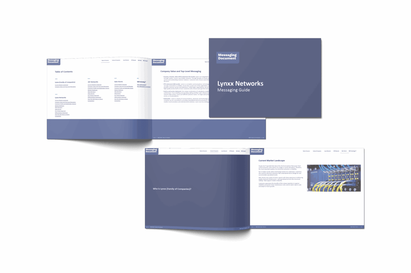 A digital mockup of the Lynxx Networks Messaging Guide, displayed as a multi-page landscape brochure. The cover page features a dark blue background with the title 'Lynxx Networks Messaging Guide' in white text. The interior pages include a Table of Contents listing sections like SMT Networks, Rate Electric, and WB Holdings, alongside messaging content such as 'Company Value and Top-Level Messaging' and 'Current Market Landscape.' A page features a photo of network server cables to visually reinforce the technology theme. The document uses a consistent layout with a white and blue color scheme and clear typographic hierarchy.