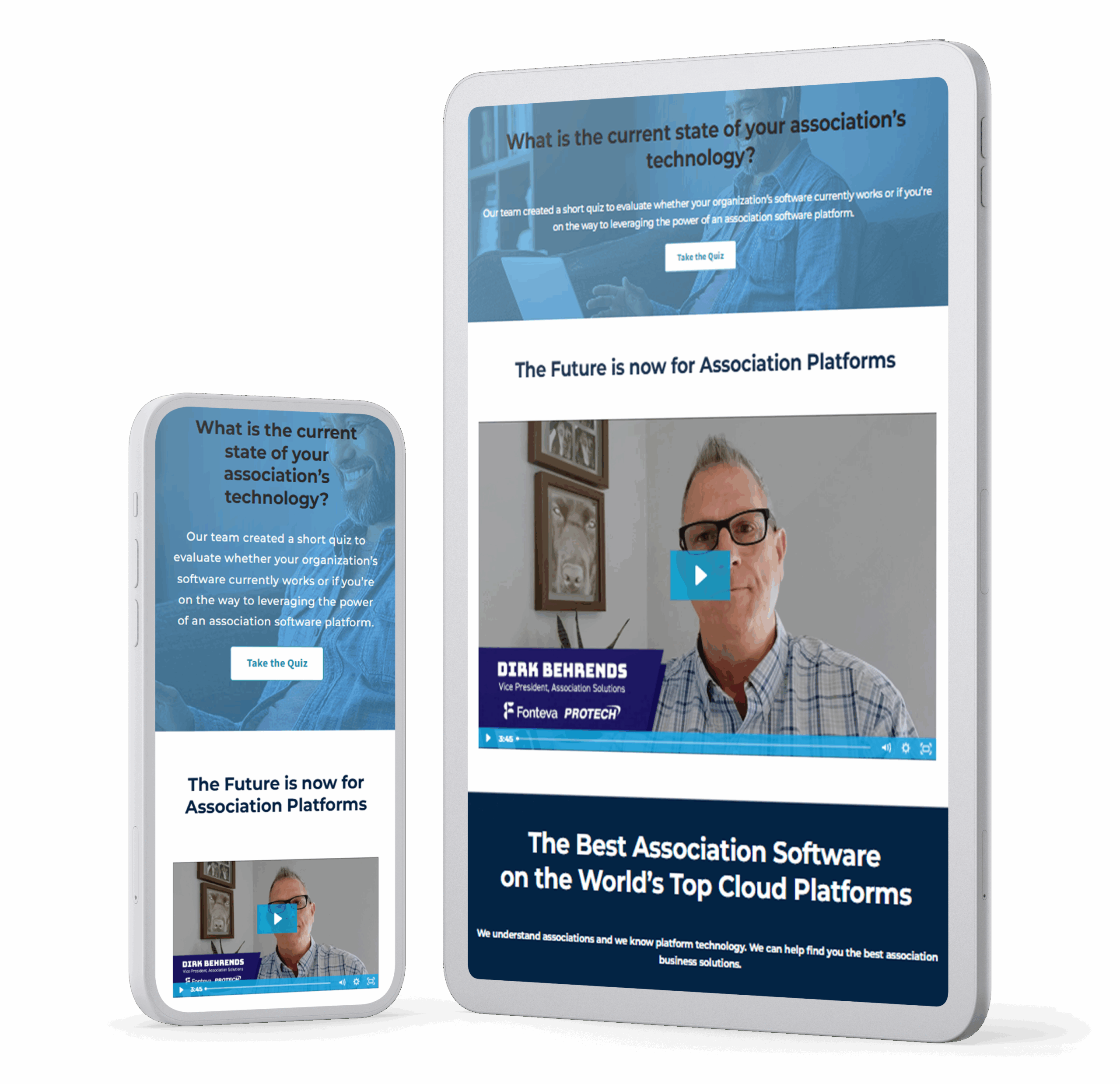 Mockup of two mobile devices displaying a webpage titled “What is the current state of your association’s technology?” promoting a quiz and a video titled “The Future is now for Association Platforms.” The video features Dirk Behrends, Vice President of Association Solutions, and highlights the benefits of cloud-based association software.