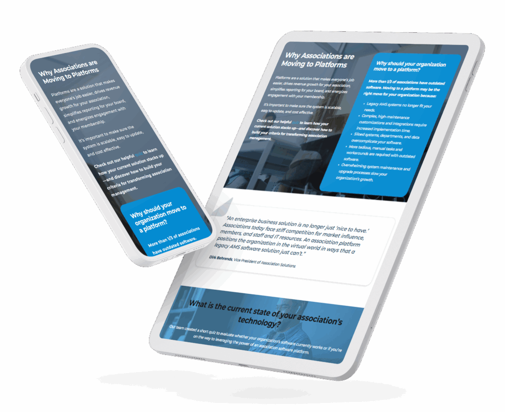 Mockup of two mobile devices displaying a webpage titled “Why Associations are Moving to Platforms.” The content highlights benefits of platform-based solutions for associations, reasons for upgrading from outdated software, and includes a testimonial and evaluation prompt.