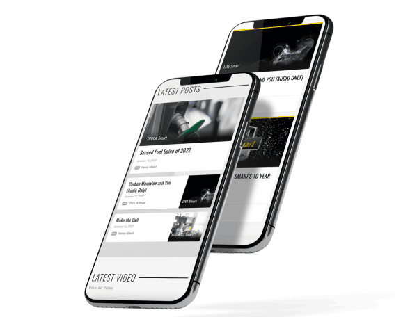 Two smartphones showing latest blog posts and videos from Team Run Smart