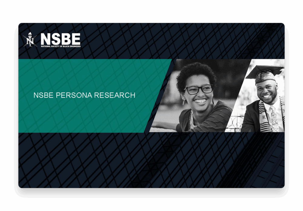 Close-up of a presentation slide titled “NSBE Persona Research” with the NSBE logo, teal geometric overlay, and black-and-white images of a smiling woman and a man in graduation regalia.