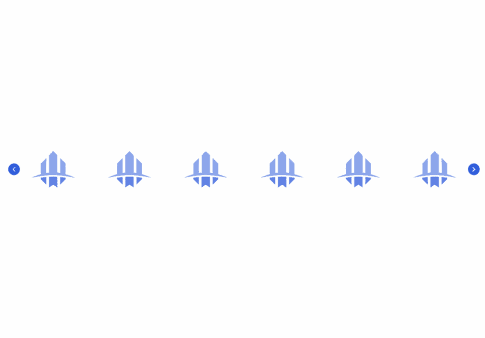 Carousel of identical abstract blue logos resembling stylized buildings with an arc below, arranged in a horizontal row with navigation arrows on both sides.