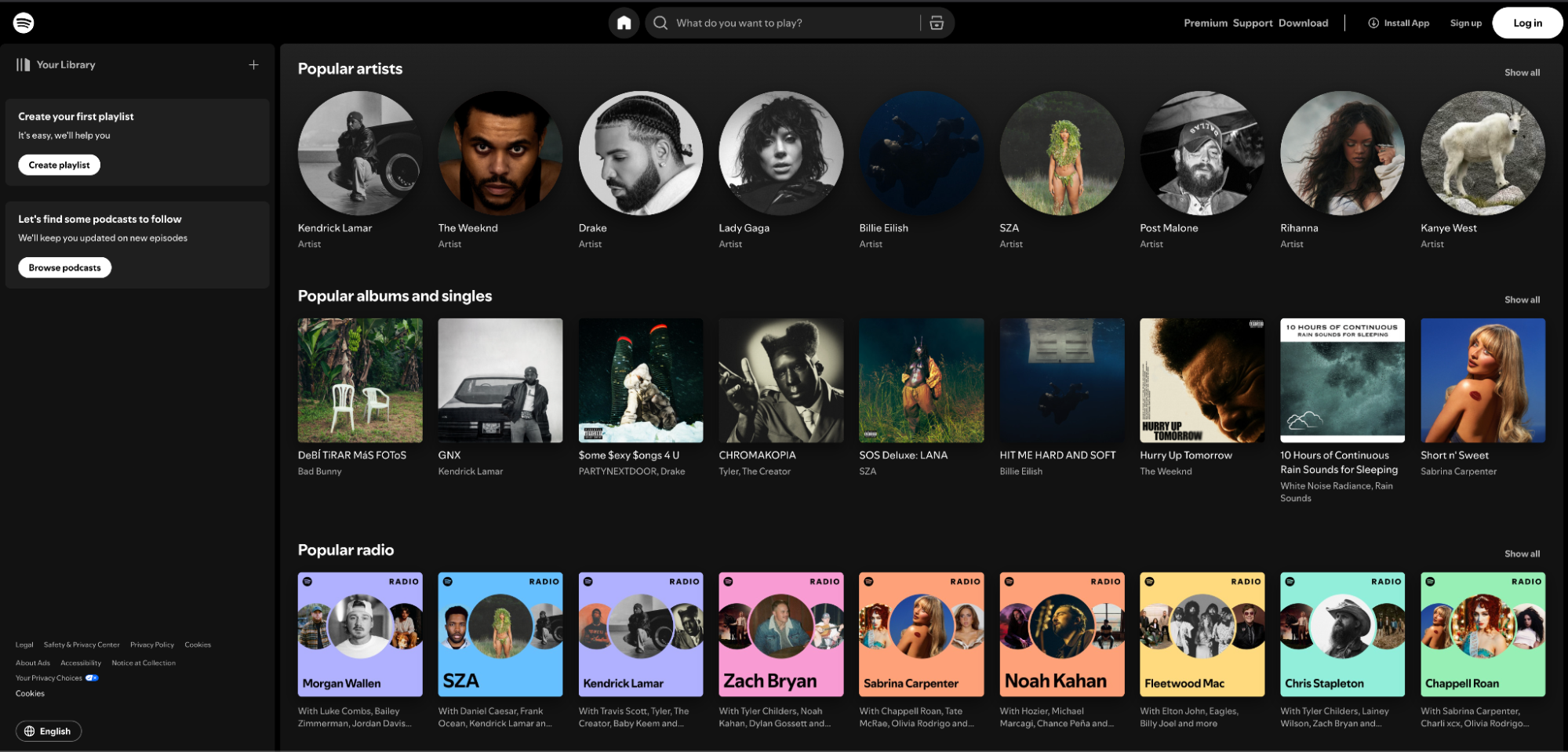 Spotify homepage showing popular artists like Kendrick Lamar, The Weeknd, and Drake, along with trending albums, singles, and radio playlists.