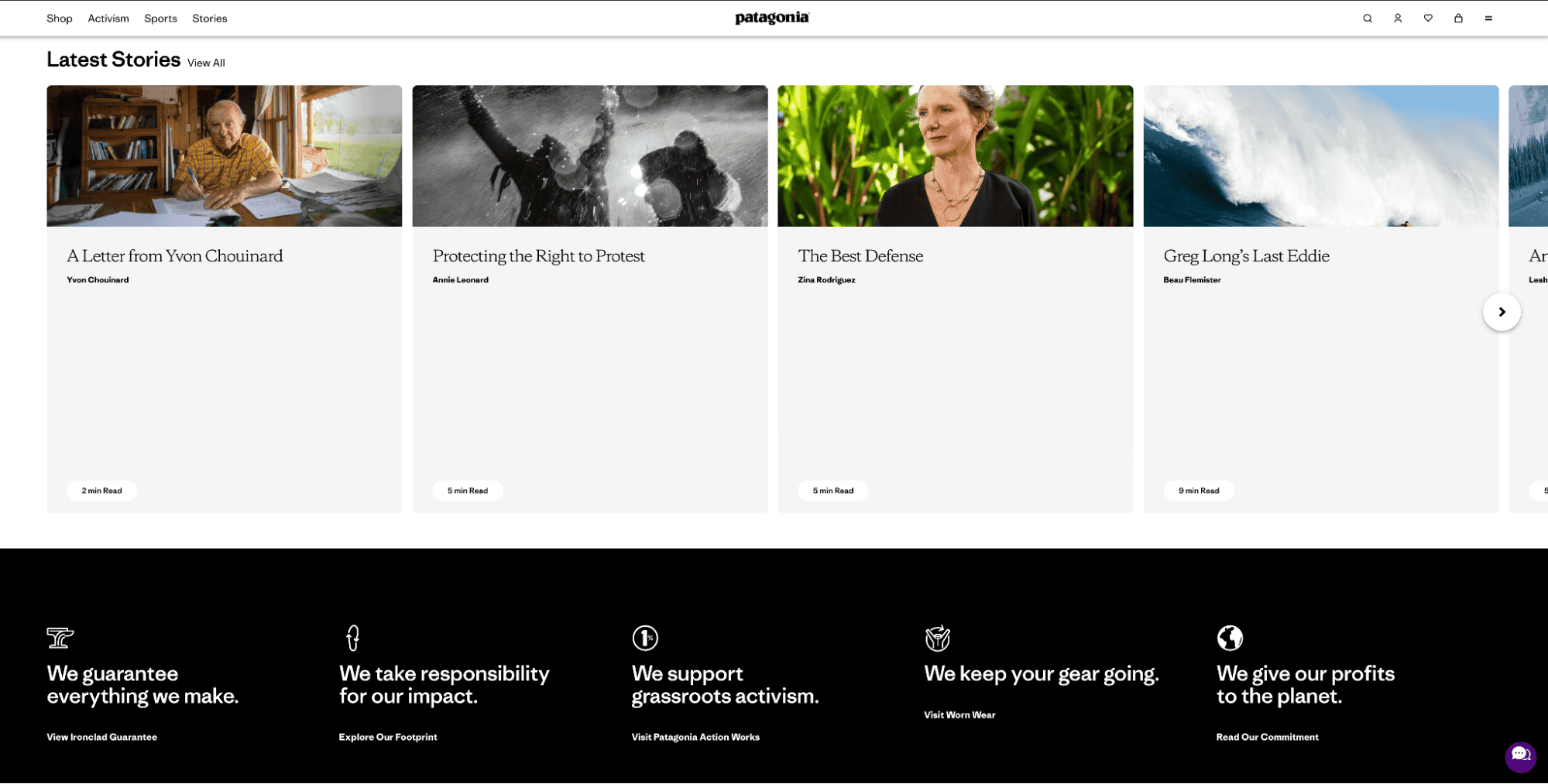 Patagonia’s website featuring recent articles including a letter from Yvon Chouinard and stories about activism, surfing, and environmental defense.