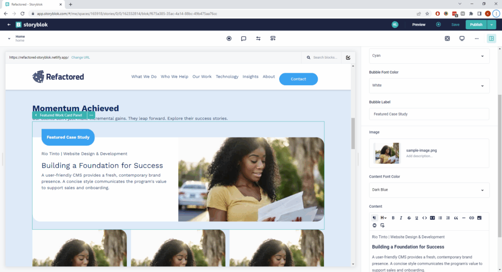 Screenshot of the Storyblok CMS interface showing an editable card panel titled “Momentum Achieved” featuring a case study for Rio Tinto. The card includes an image of a woman reading mail, the label “Featured Case Study,” and content describing a website design and development project. The right sidebar displays customization options including font color, bubble label, and image settings.