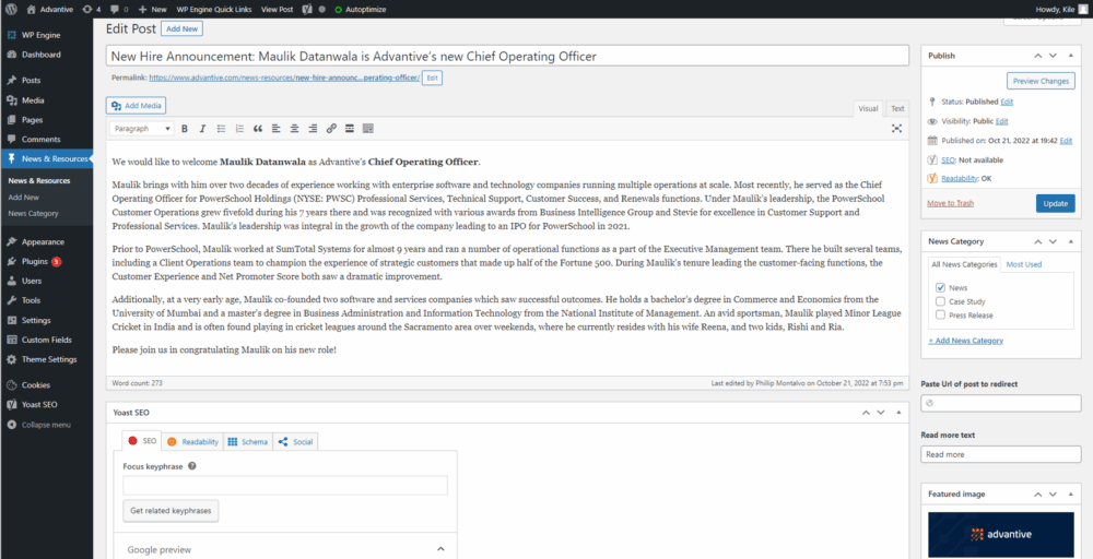 Screenshot of the WordPress editor showing a draft blog post titled “New Hire Announcement: Maulik Datanwala is Advantive’s new Chief Operating Officer.” The post includes Maulik’s background, professional experience, and education. The right sidebar displays publish settings and category checkboxes, with “News” selected.