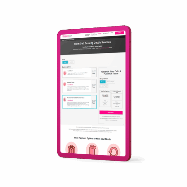 LifebankUSA website page showing stem cell banking cost and services, banking options for cord blood and placental tissue, and payment plan details.