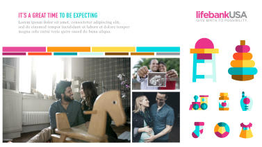 LifebankUSA branding moodboard featuring diverse couples with ultrasound photos, colorful baby icons like toys and clothes, and the tagline “It’s a great time to be expecting.”