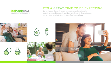 LifebankUSA branding moodboard with expecting couple taking a selfie, outdoor family celebration, healthcare icons, and tagline “It’s a great time to be expecting” in green.