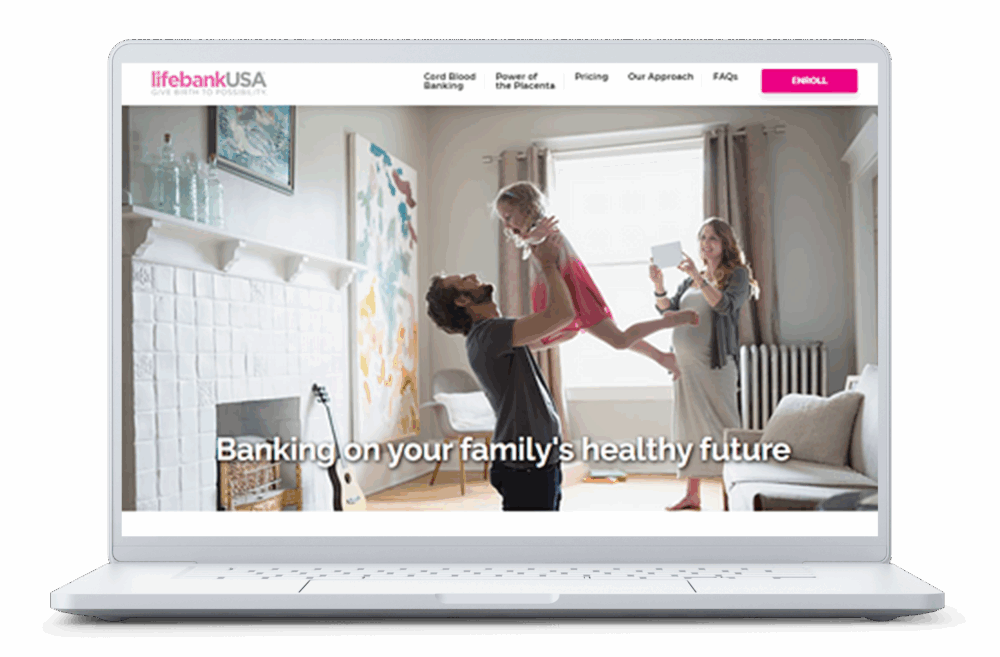 LifebankUSA website displayed on a desktop monitor showing a family at home with text “Banking on your family’s healthy future.”