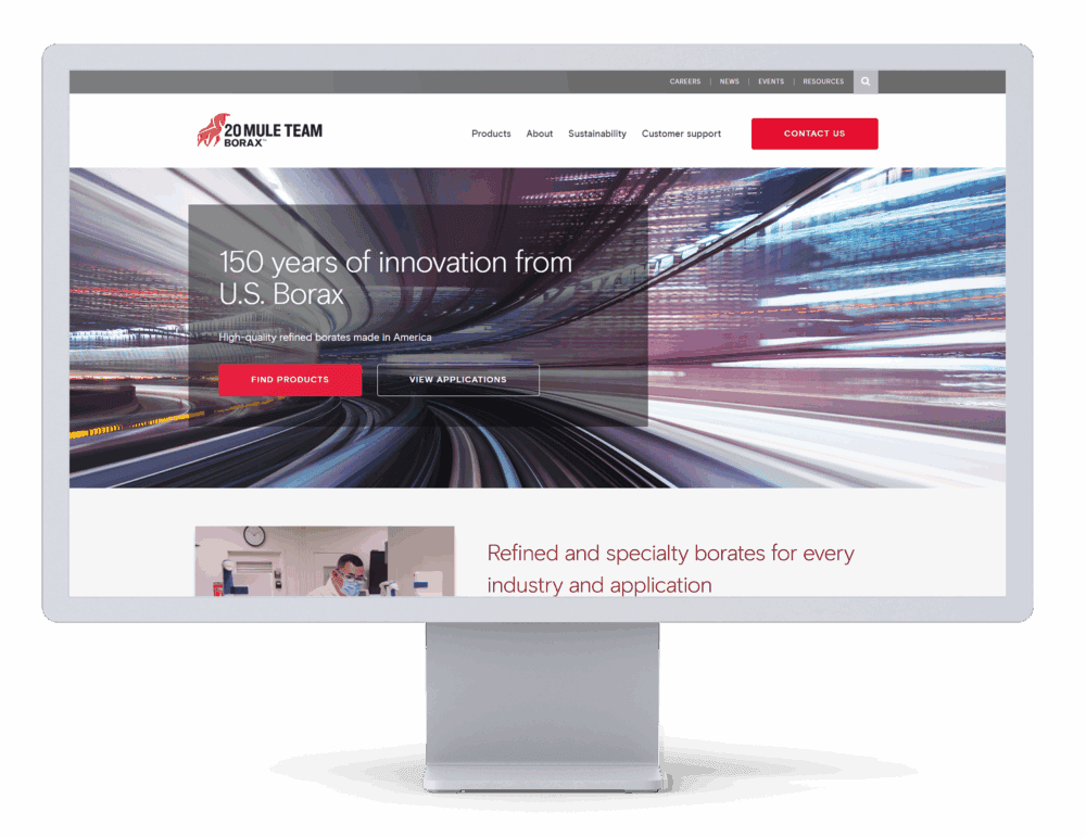 20 Mule Team Borax website homepage displayed on desktop monitor