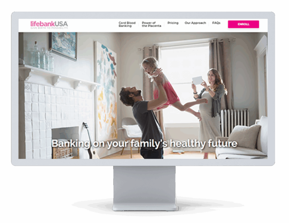 LifebankUSA website displayed on a desktop monitor showing a family at home with text “Banking on your family’s healthy future.”
