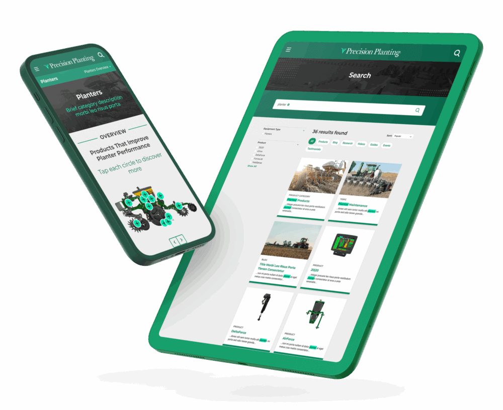 Precision Planting Category page on a phone and Search Results page on a tablet