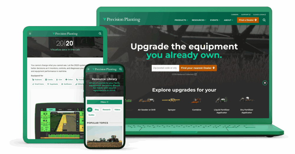 Precision Planting homepage on a laptop, product detail page on a tablet, and Resource Library on a phone