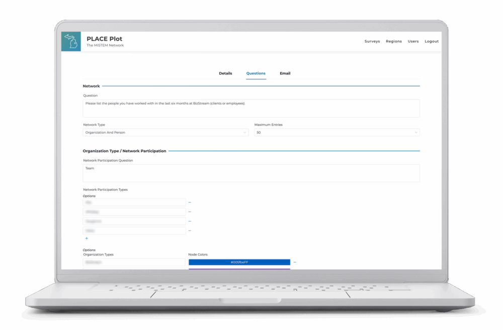 Laptop displaying the MiSTEM Network PLACE Plot admin Survey Questions screen