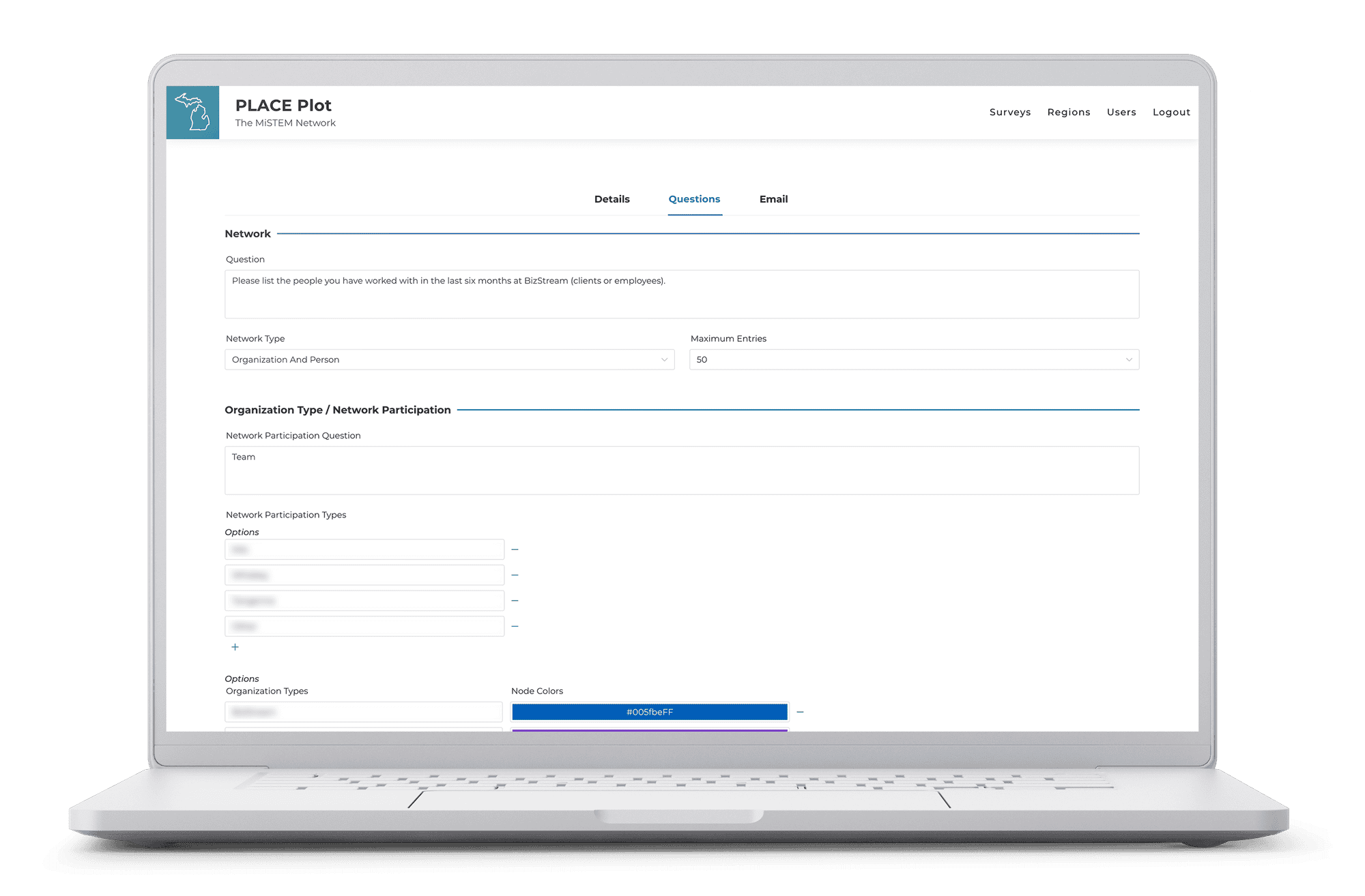 Laptop displaying the MiSTEM Network PLACE Plot admin Survey Questions screen
