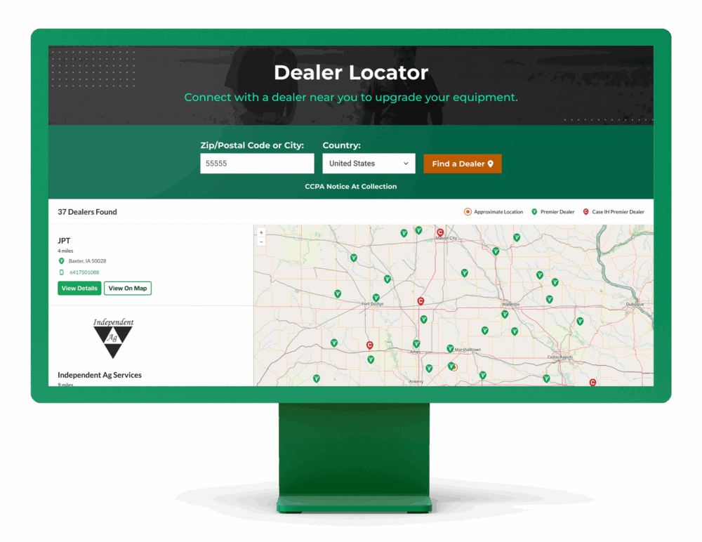 Precision Planting Dealer Locator page on a monitor