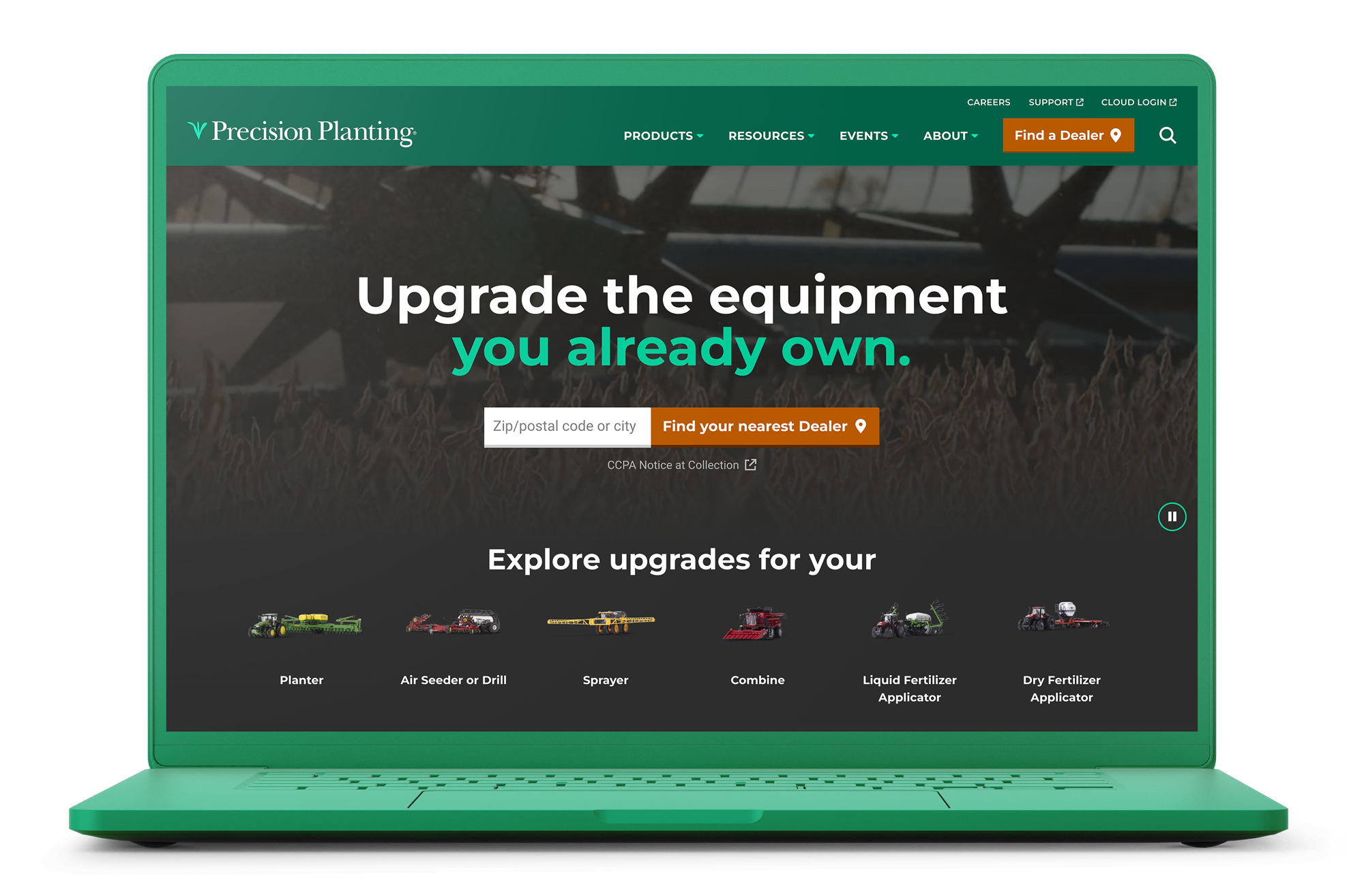 Precision Planting homepage on a laptop