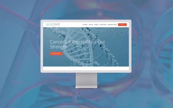 Cyteir Therapeutics website shown on a monitor, placed over a blurred scientific background featuring lab equipment. The website promotes DNA repair innovation for cancer and autoimmune disease treatment.