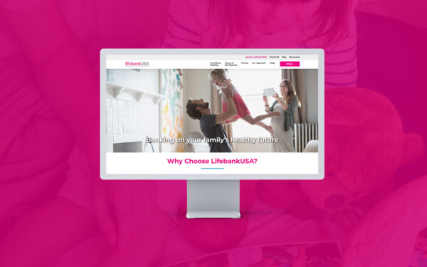 LifebankUSA website mockup on a computer monitor overlaid on a pink background featuring a child with a teddy bear.