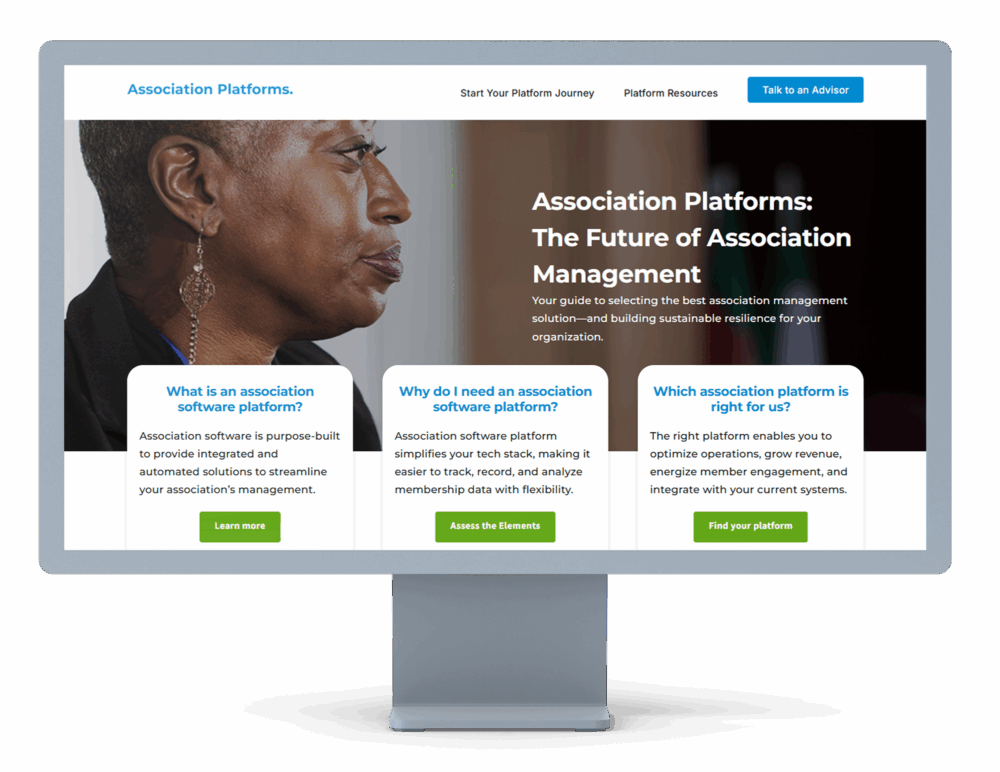 Webpage displayed on a desktop monitor showcasing association management software benefits. The layout features a photo of a woman and three information cards labeled “What is an association software platform?”, “Why do I need one?”, and “Which is right for us?”