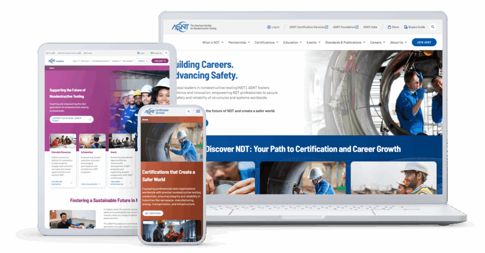 Responsive website designs for The American Society for Nondestructive Testing (ASNT) displayed on laptop, tablet, and mobile devices, showcasing modern layouts and career-focused messaging.