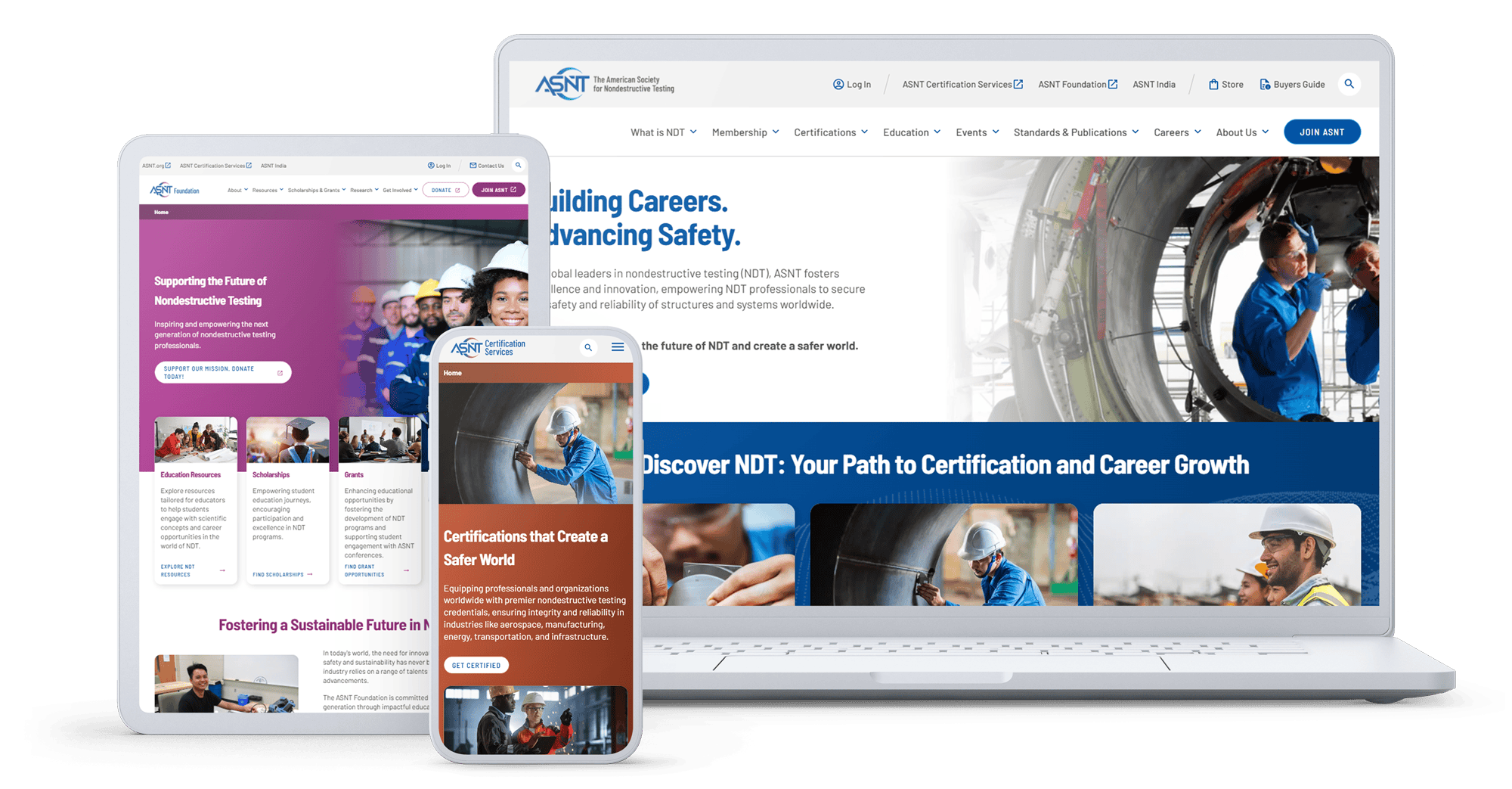 Responsive website designs for The American Society for Nondestructive Testing (ASNT) displayed on laptop, tablet, and mobile devices, showcasing modern layouts and career-focused messaging.