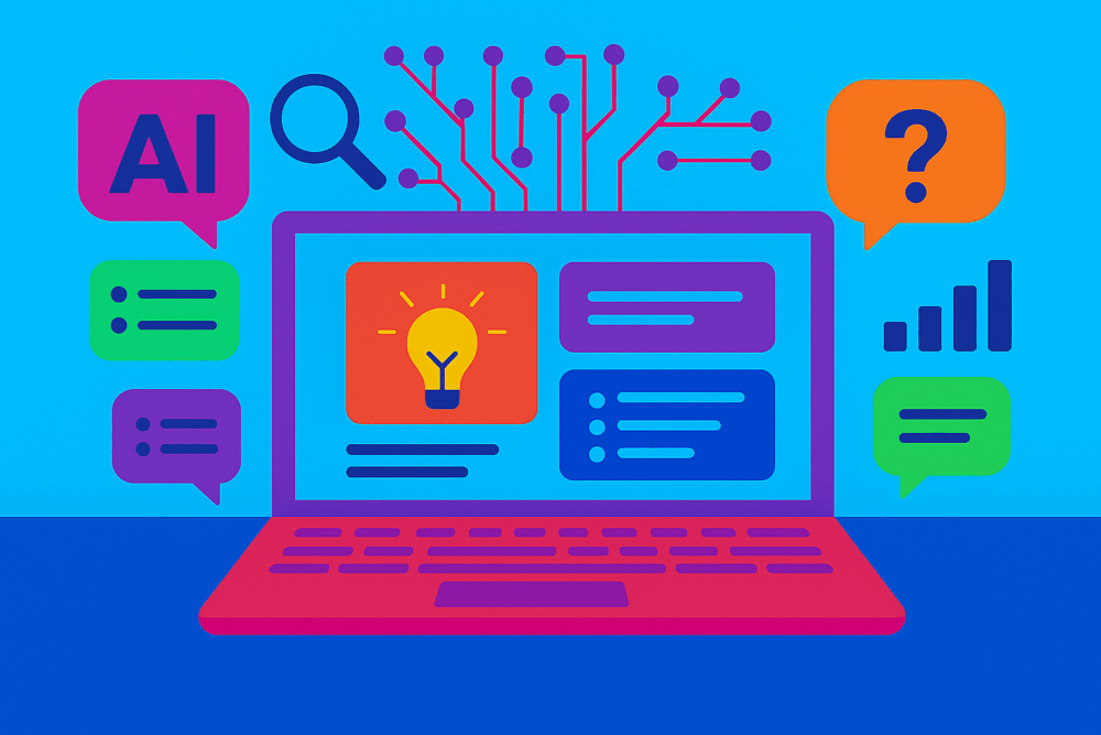 Colorful illustration of a laptop displaying digital content with surrounding AI and data icons, including a lightbulb, question mark, and circuit lines, symbolizing creative and AI-driven content creation.