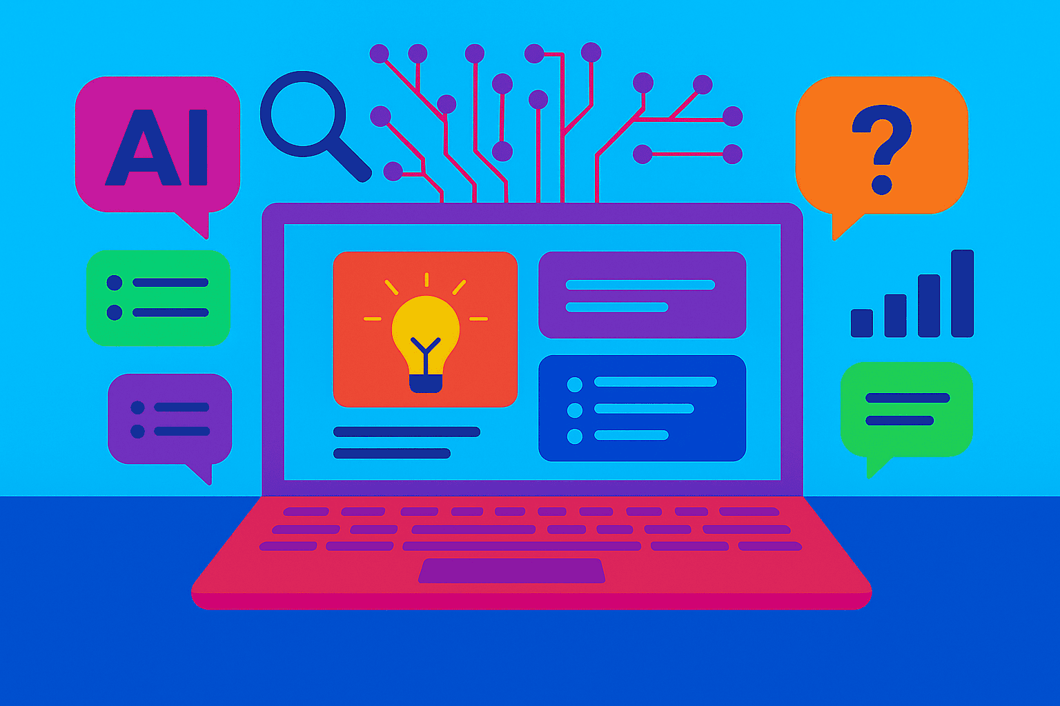 Colorful illustration of a laptop displaying digital content with surrounding AI and data icons, including a lightbulb, question mark, and circuit lines, symbolizing creative and AI-driven content creation.
