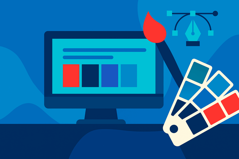 Flat vector illustration in BizStream’s brand colors showing a computer monitor with color swatches, a paintbrush, a pen tool icon, and a palette—representing creativity, design, and brand refresh strategy.