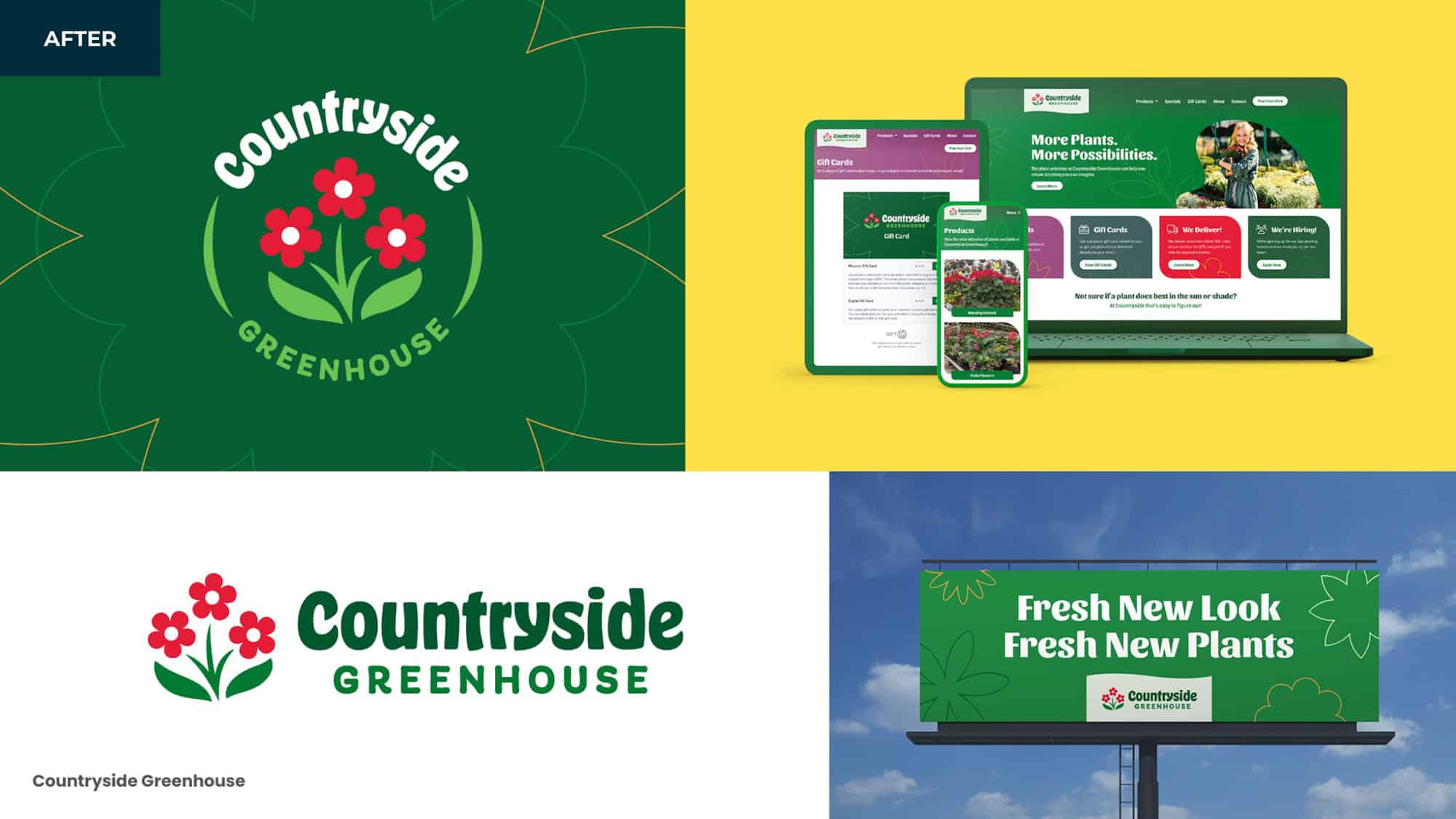Updated Countryside Greenhouse branding featuring a refreshed logo with red flowers and green leaves, new website design across devices, and billboard with the tagline ‘Fresh New Look, Fresh New Plants.