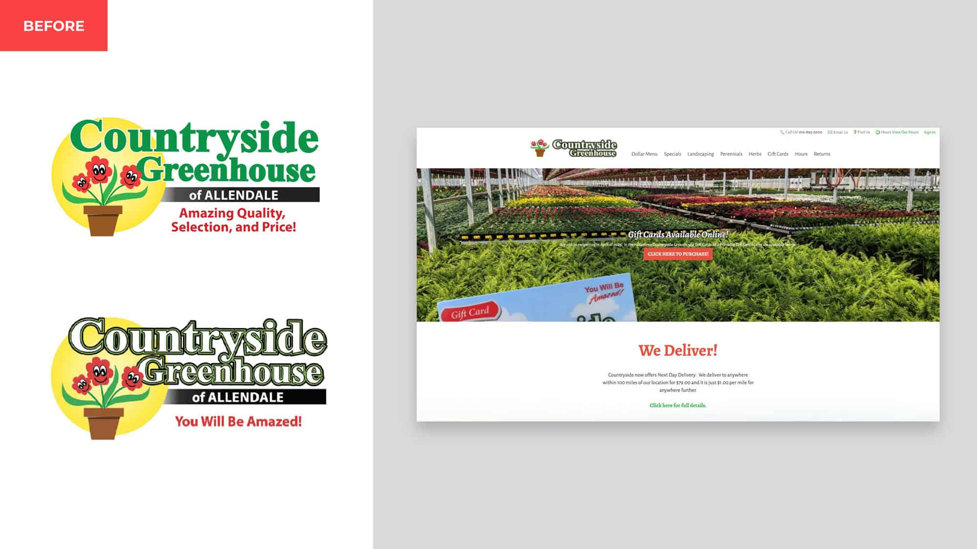 Previous Countryside Greenhouse logo and website design featuring older graphics, yellow background, and slogan emphasizing quality, selection, and price.