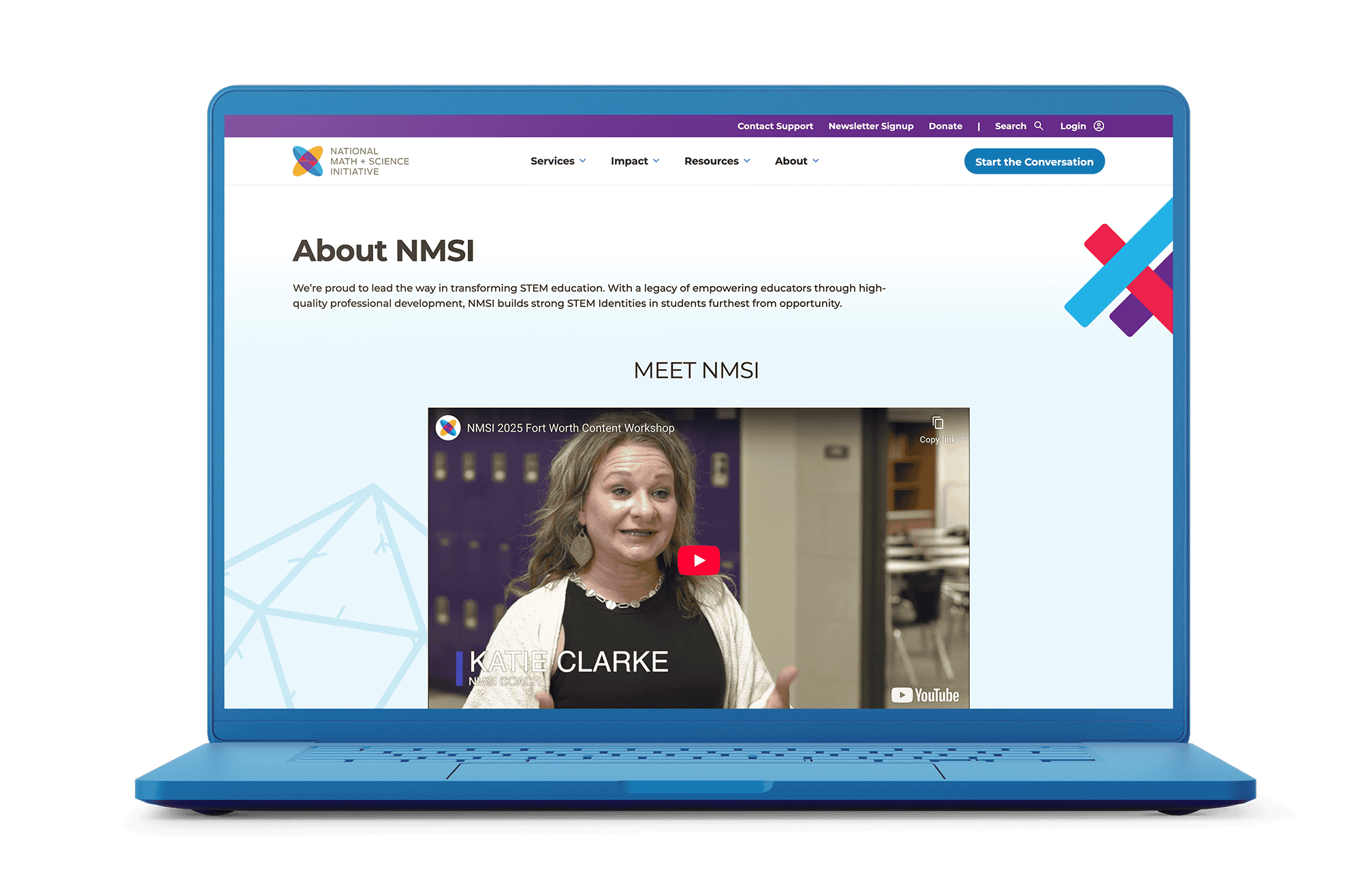 Web design mockup displaying NMSI’s website on laptop, featuring information about the advocates for STEM.