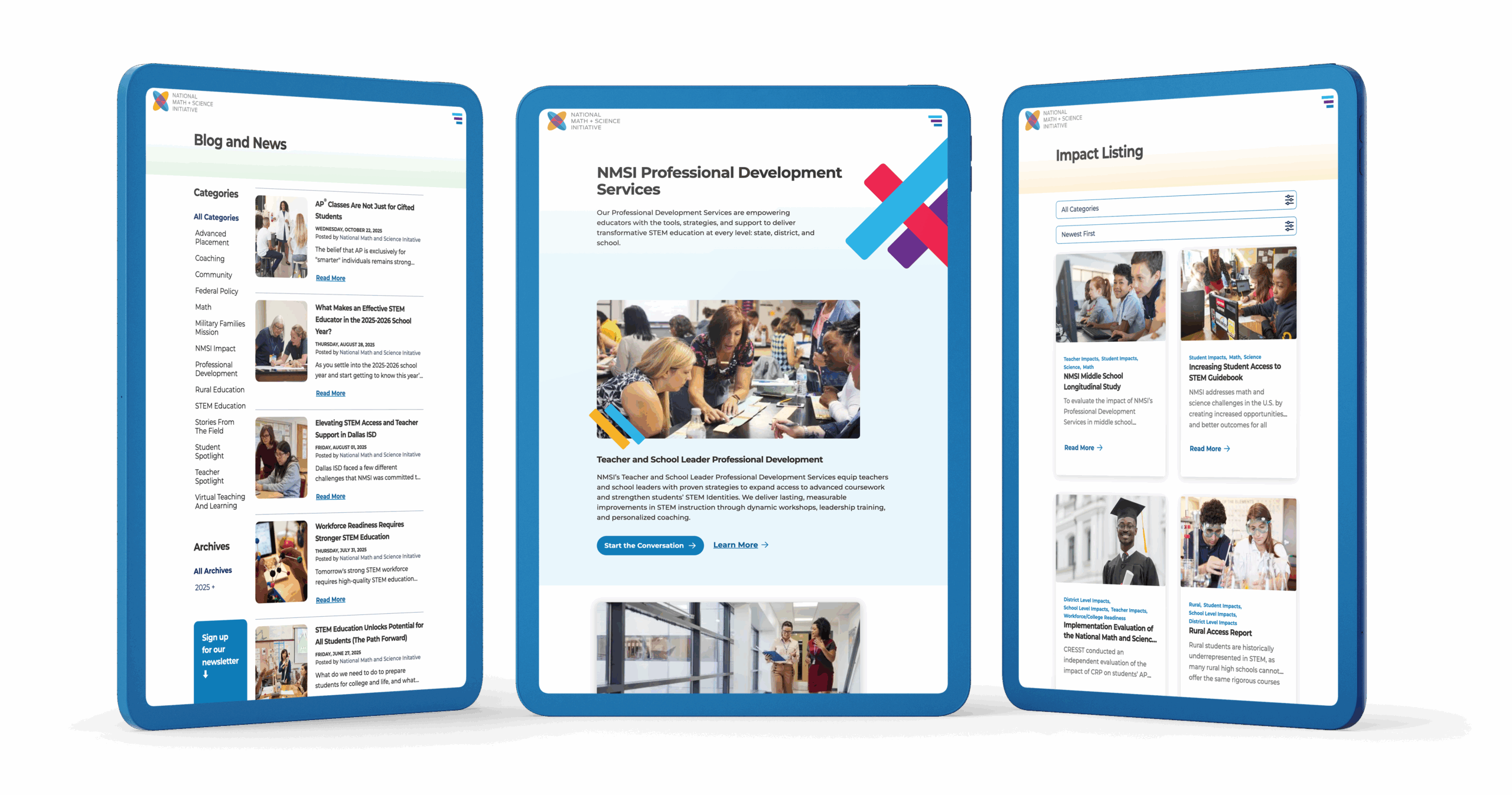 Responsive design mockup displaying NMSI’s website on tablets showing blog and article layouts.