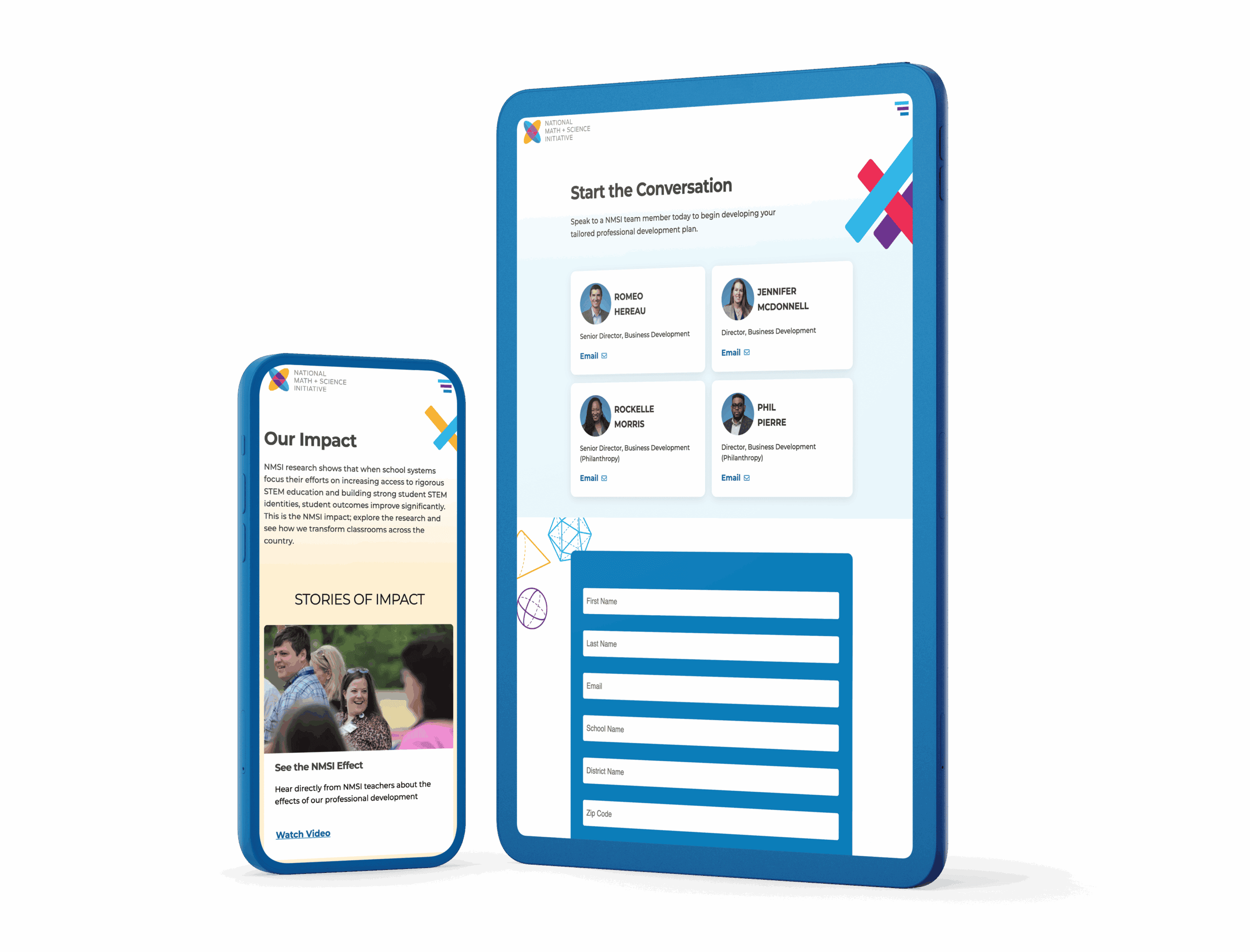 Responsive design mockup displaying NMSI’s website on tablet and phone with contact options and stories showing their impact in STEM.