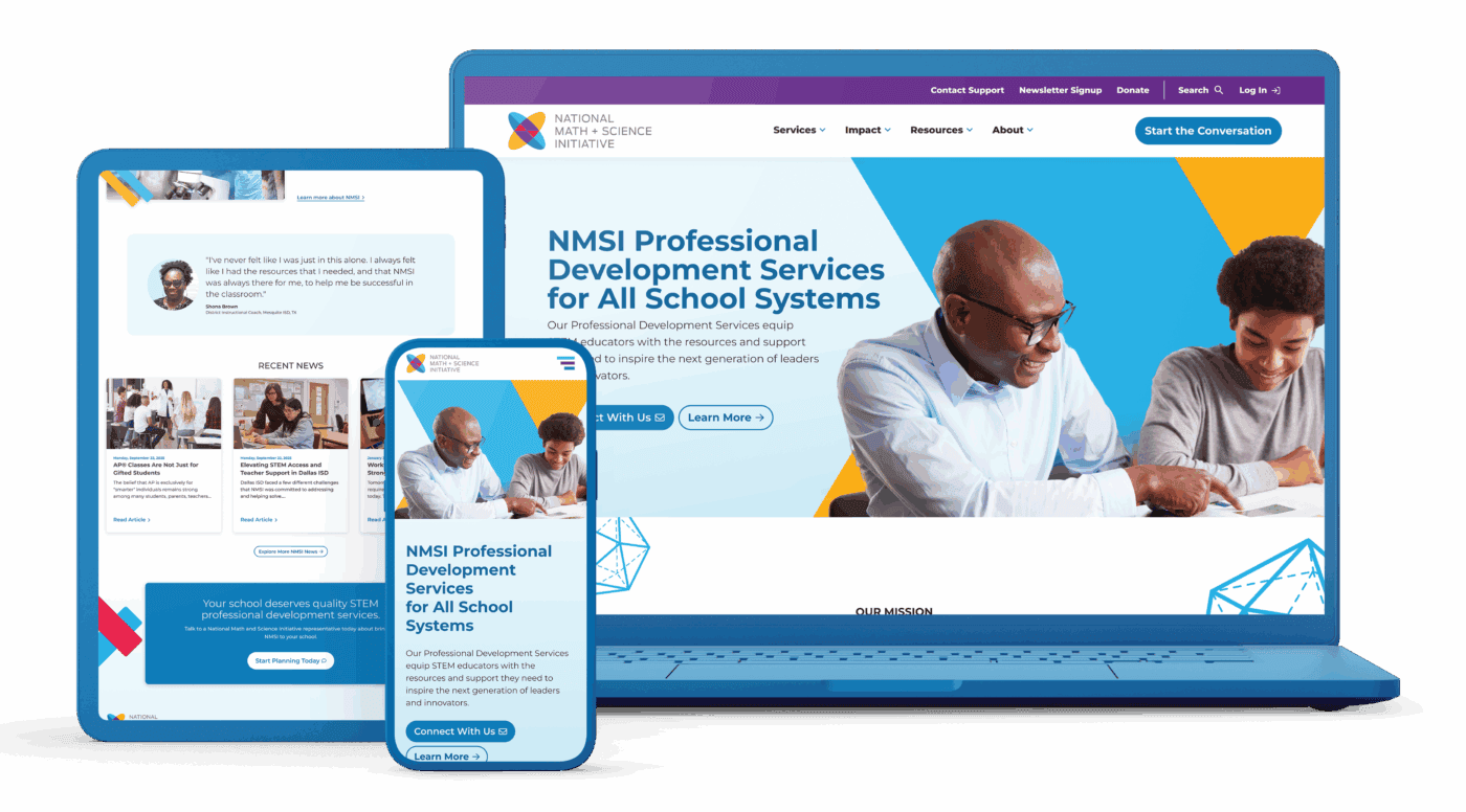 Responsive design mockup displaying NMSI's website on laptop, tablet, and phone showing imagery of teachers helping students.