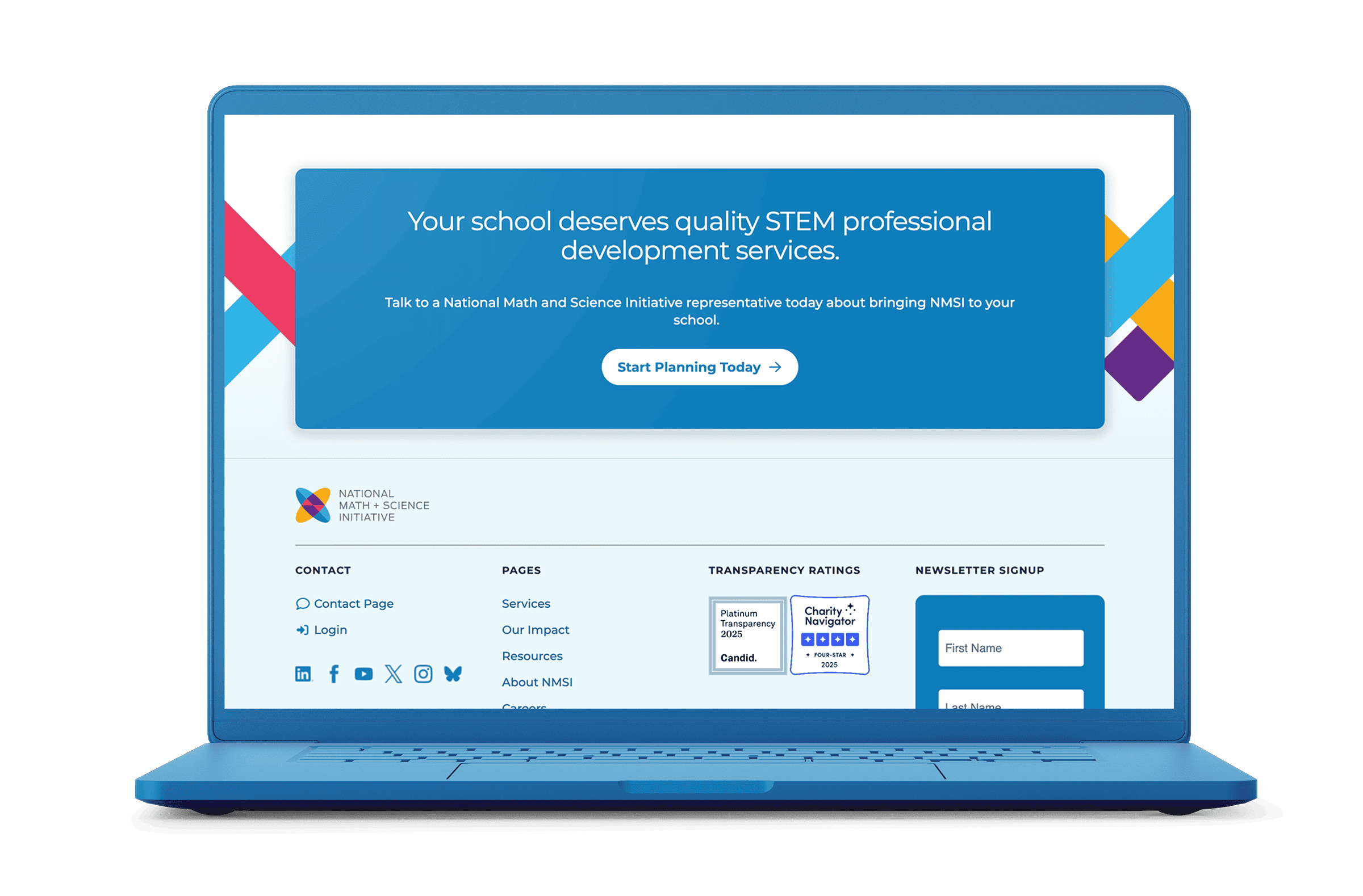 Web design mockup displaying NMSI’s website on laptop with showing the footer call to action.