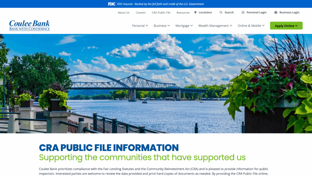 Screenshot of Coulee Bank’s CRA Public File Information webpage showing a riverfront view with a bridge and text about community support.