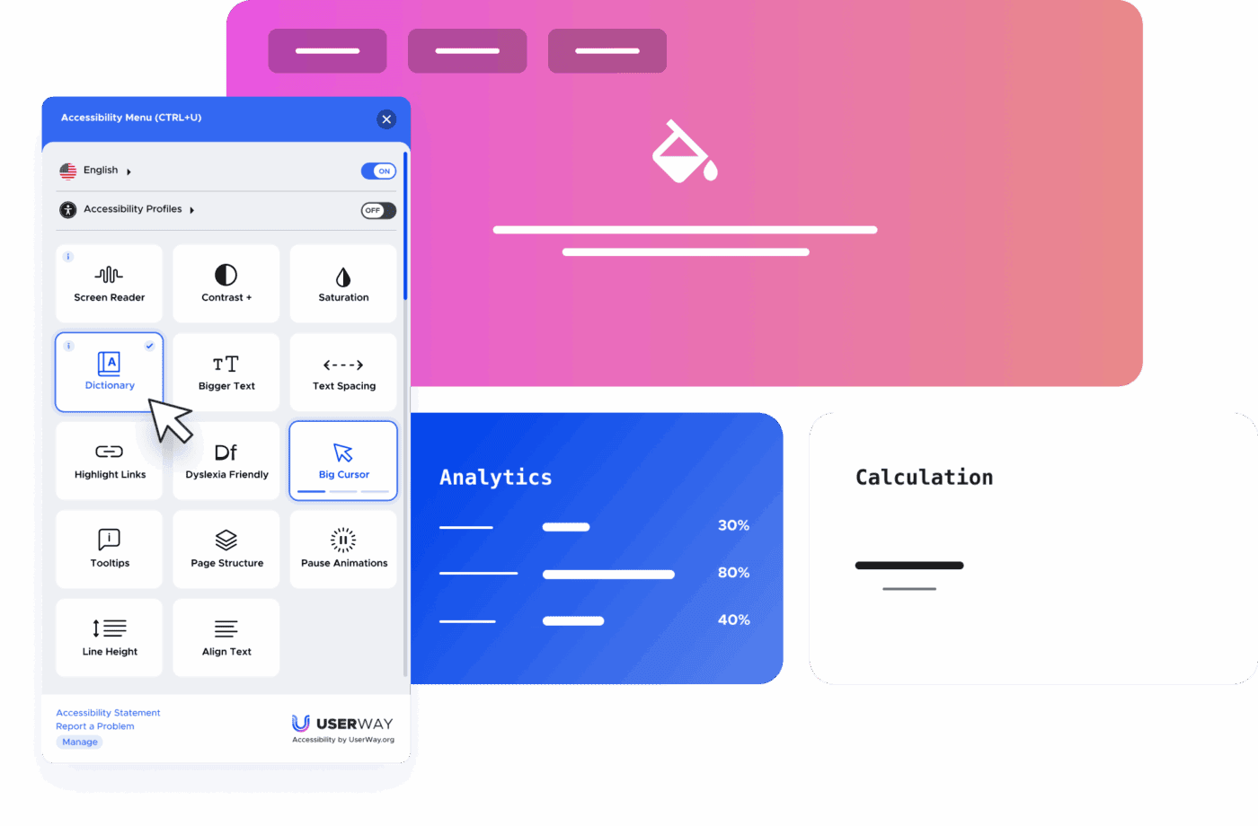 UserWay interface and brand graphics