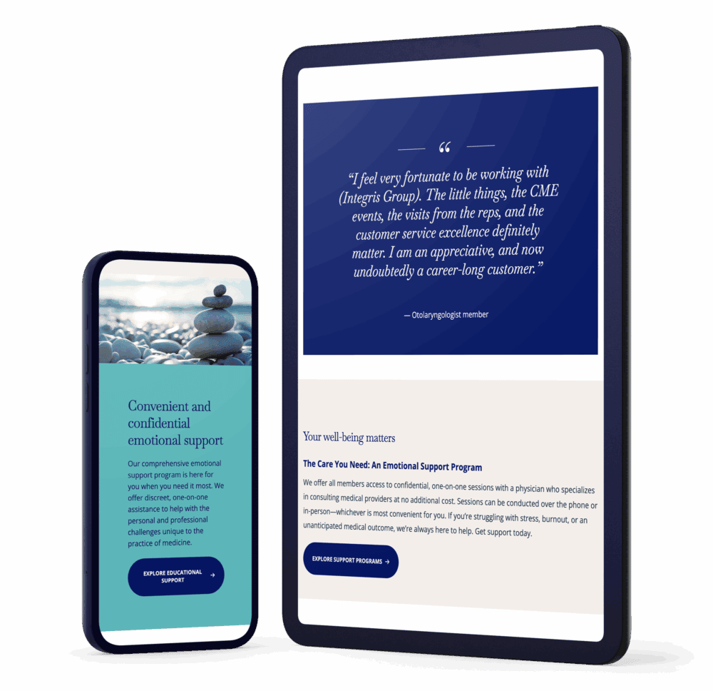 Integris Group website displayed on mobile and tablet devices highlighting emotional support and member testimonial sections.
