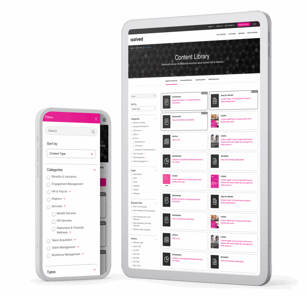 Mobile and tablet mockups of the isolved Content Library page, showing resource filters and downloadable reports.