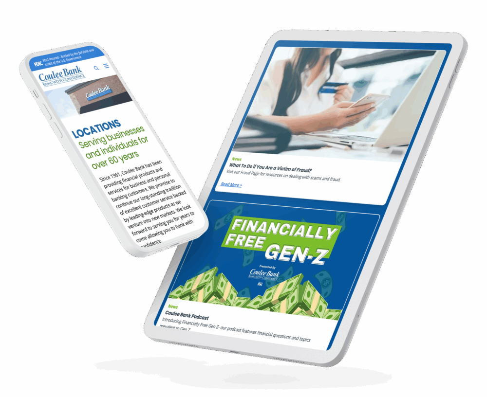 Mockup of Coulee Bank’s website displayed on tablet and mobile devices, featuring fraud prevention and podcast promotions.