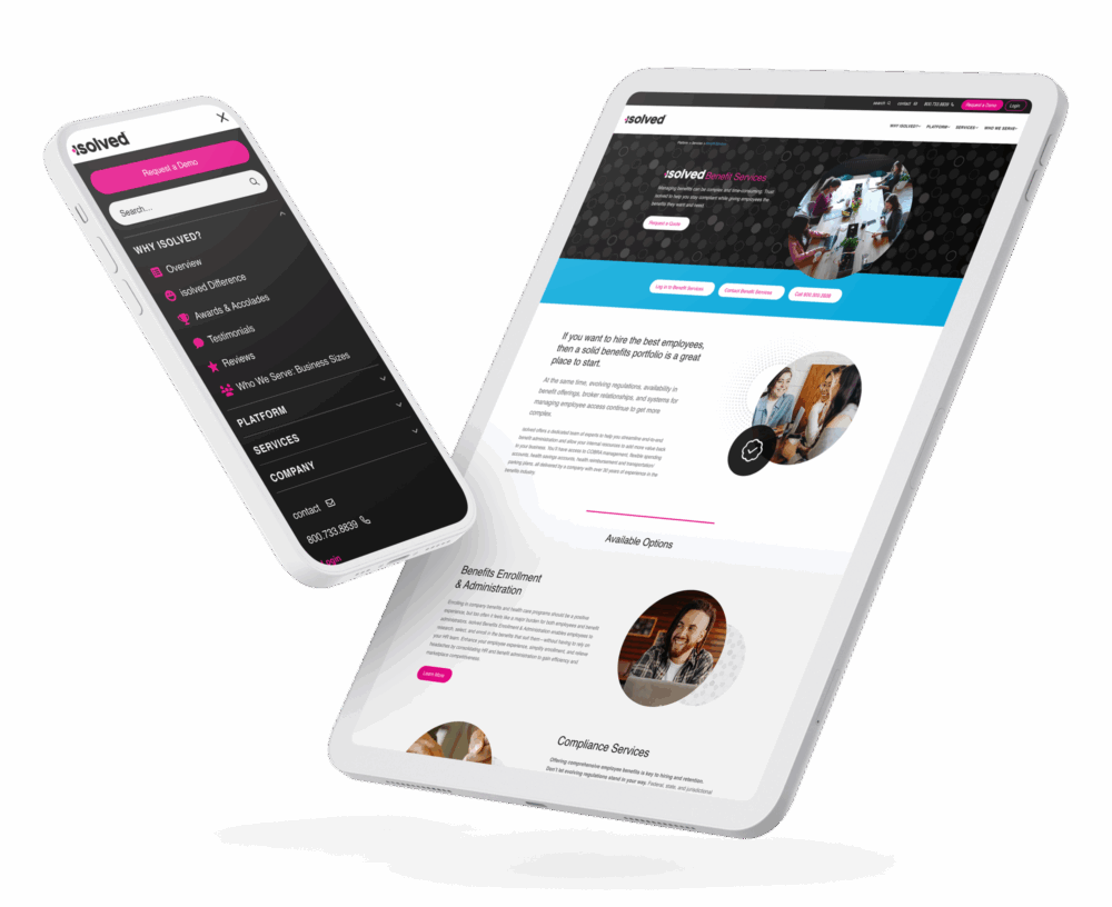 Tablet and mobile mockups displaying the isolved Benefits Services webpage and mobile navigation menu.