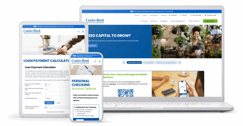 Responsive design mockup displaying Coulee Bank’s website on laptop, tablet, and phone with banking tools and loan calculator.