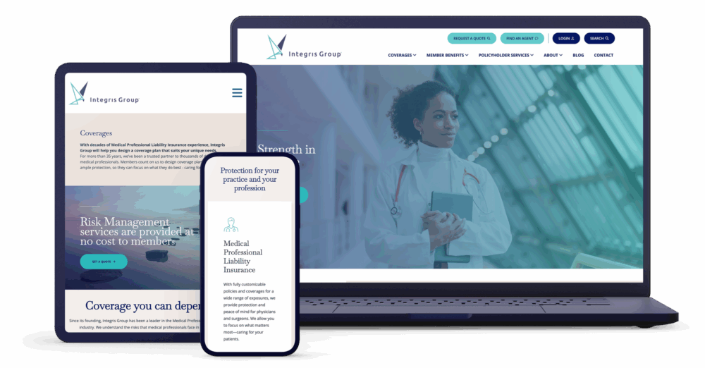 Integris Group responsive website displayed on laptop, tablet, and mobile devices highlighting coverage information for medical professionals.