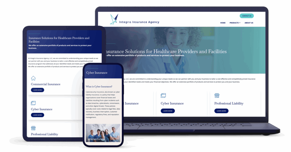 Integris Insurance Agency website displayed on laptop, tablet, and mobile devices featuring insurance solutions for healthcare providers and facilities.