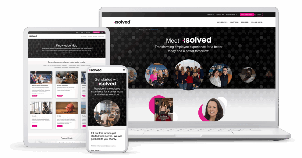 Laptop, tablet, and mobile mockups showing isolved’s Knowledge Hub and homepage design highlighting employee experience.